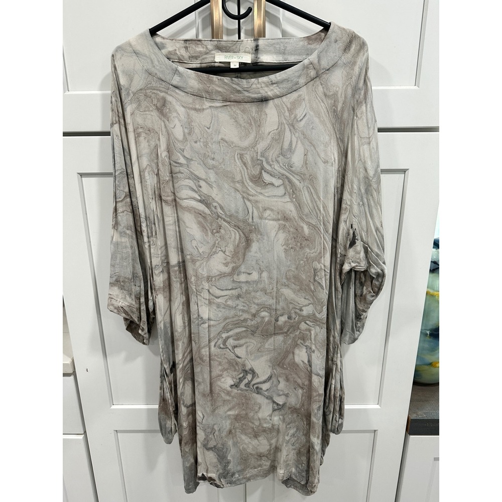 River + Sky Marble Print Tunic Top Grey Brown Dolman Sleeve Womens Medium